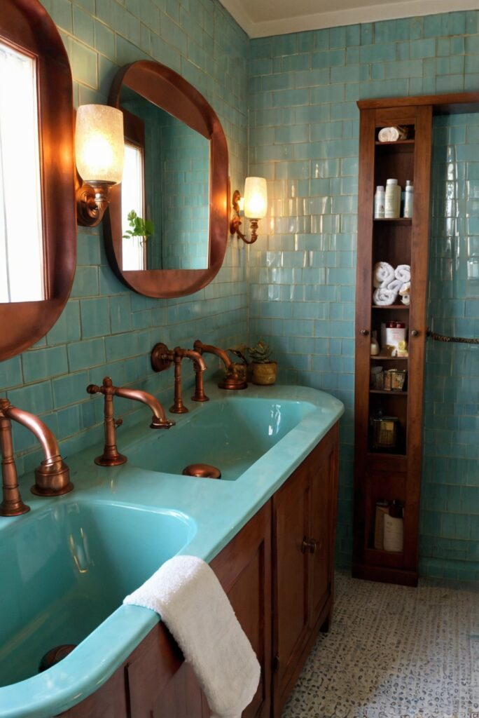 copper sink, bathroom remodel, bathroom design, eclectic bathroom, copper fixtures, bathroom renovation, bathroom decor