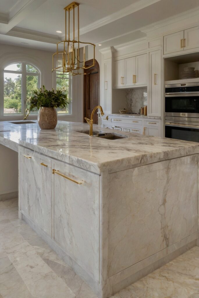 Taj Mahal Quartzite, White Dove Cabinets, luxury home design, high-end interior decor, custom kitchen design, elegant living room design, designer paint colors