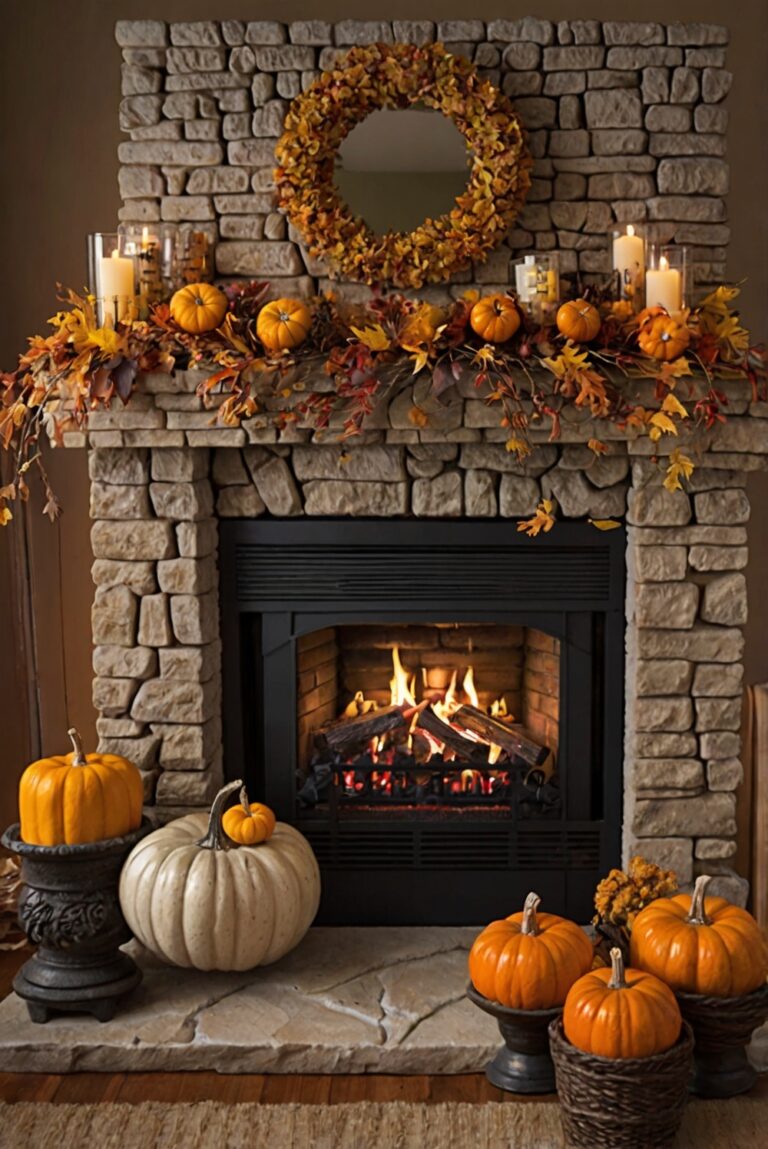 mantel decor ideas, fall fireplace mantles, cozy fireplace decor, autumn mantle decorations, elegant fireplace designs