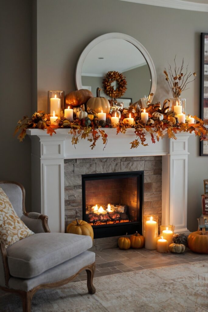 Fall mantel decor, Fall mantel arrangement, Autumn mantel decorations, Rustic fall mantel, Elegant fall mantel