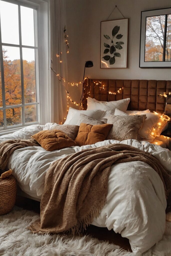 cozy bedroom decor, warm home accessories, rustic bedroom ideas, autumn bedroom essentials, cozy bed linens