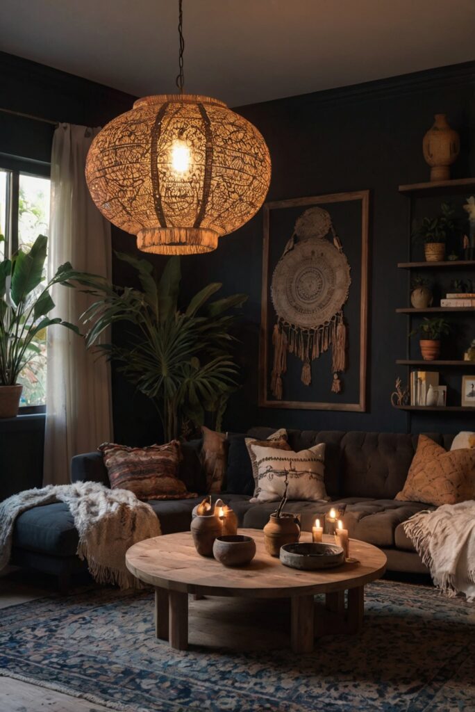 boho living room decor, dark boho furniture, bohemian wall art, eclectic home decor, modern boho rug