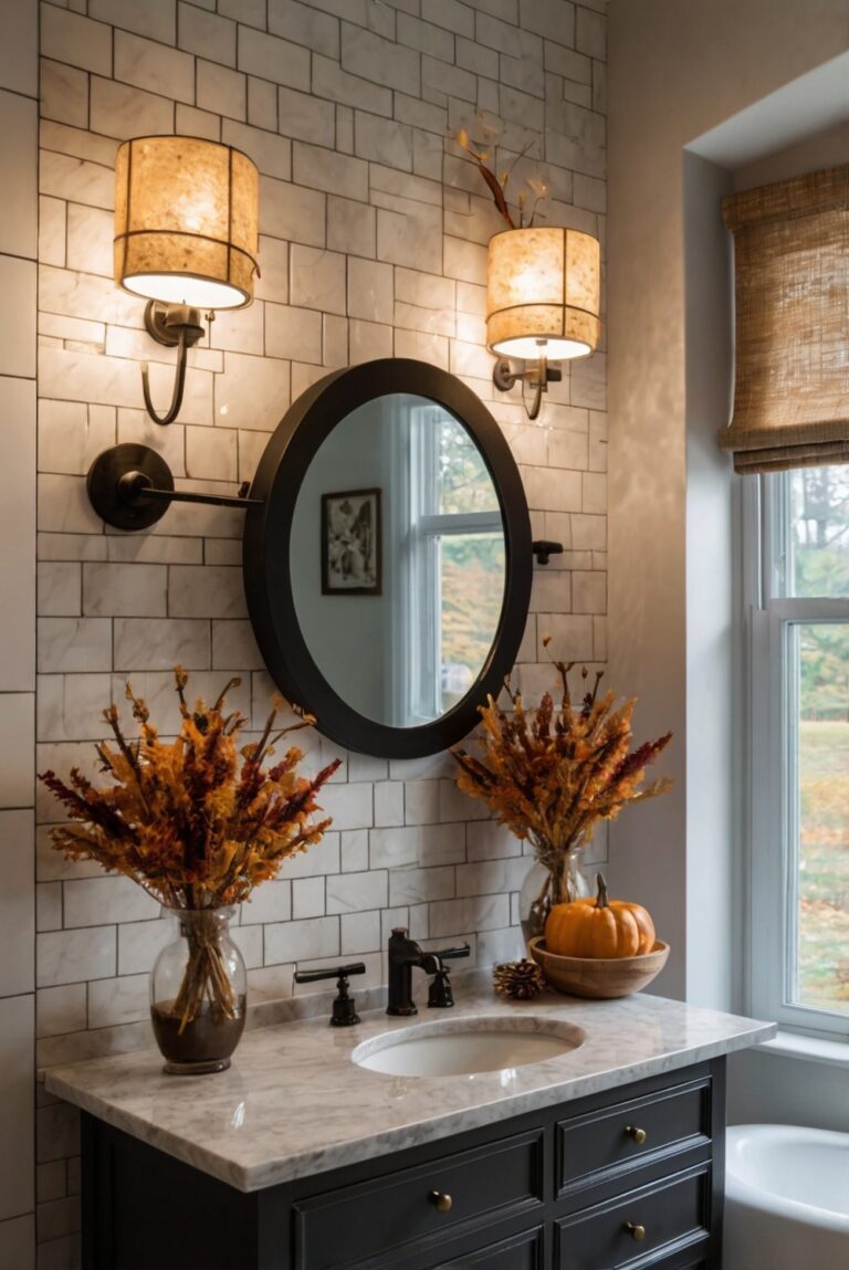 fall bathroom decor, autumn bathroom accessories, seasonal bathroom updates, cozy bathroom redesign, warm bathroom makeover