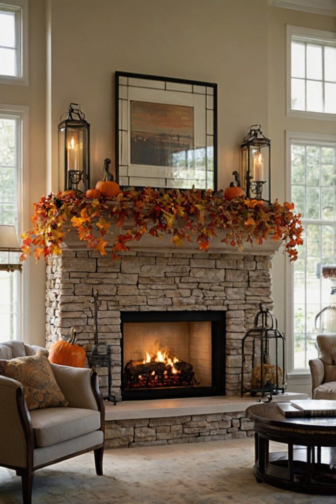 fireplace mantle decor, fall mantel decor, autumn mantle decorations, cozy fireplace decor, rustic fireplace mantel