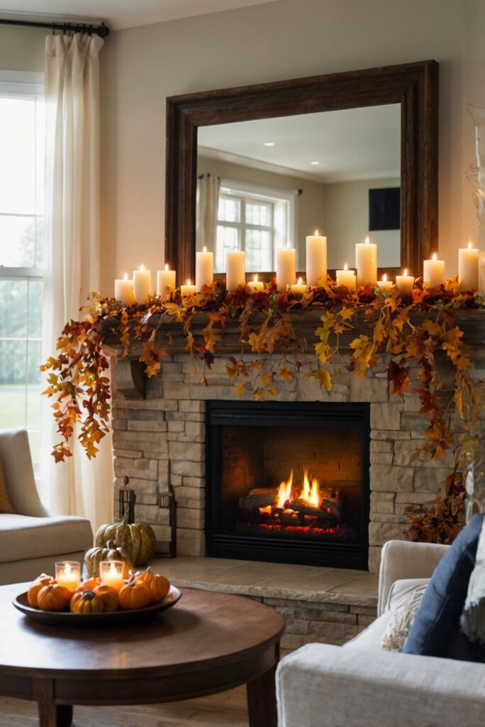 Fall mantle decor with TV, fall mantle ideas with TV, TV mantle decor inspiration, mantel decorating ideas with TV, stylish fall mantel decor with TV