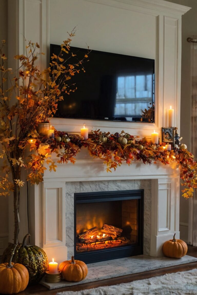 fall mantle decor, cozy fireplace decor, autumn home decorations, elegant living room design, modern mantel styling