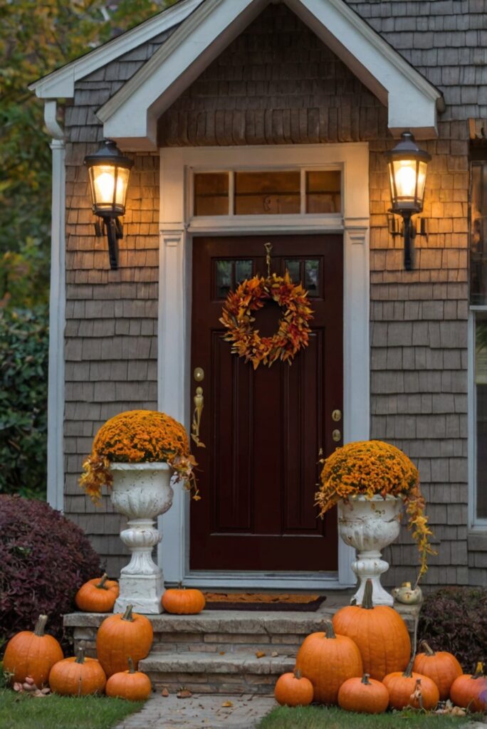 fall porch decor, autumn outdoor decorating, seasonal front entrance, harvest home accents, festive porch display