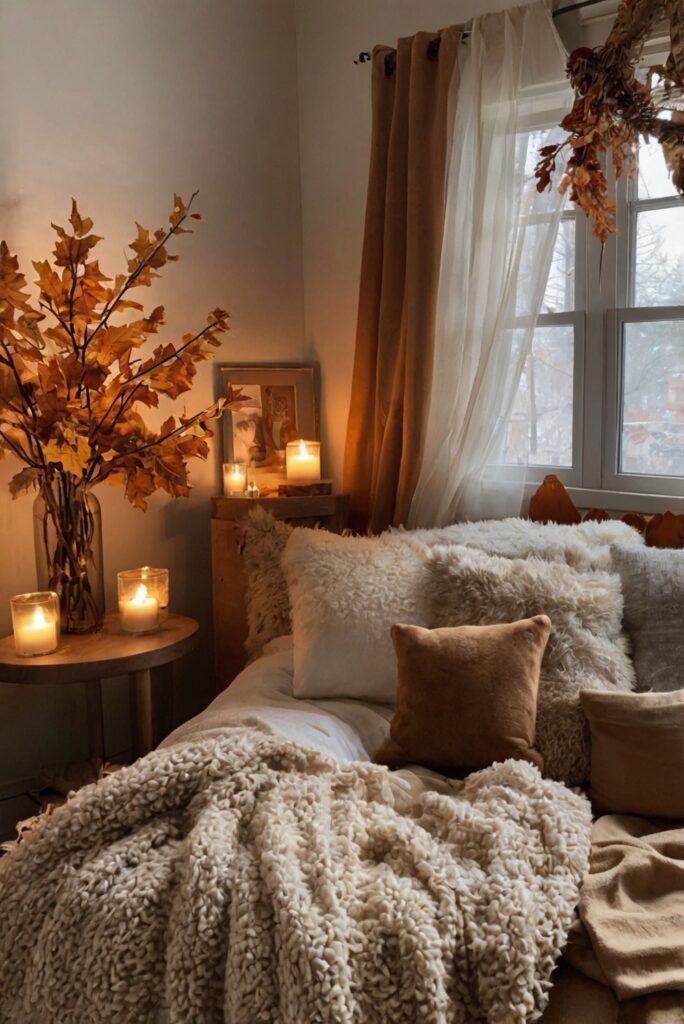 fall room decor, cozy space decor, aesthetic room decor, autumn room styling, home decor ideas