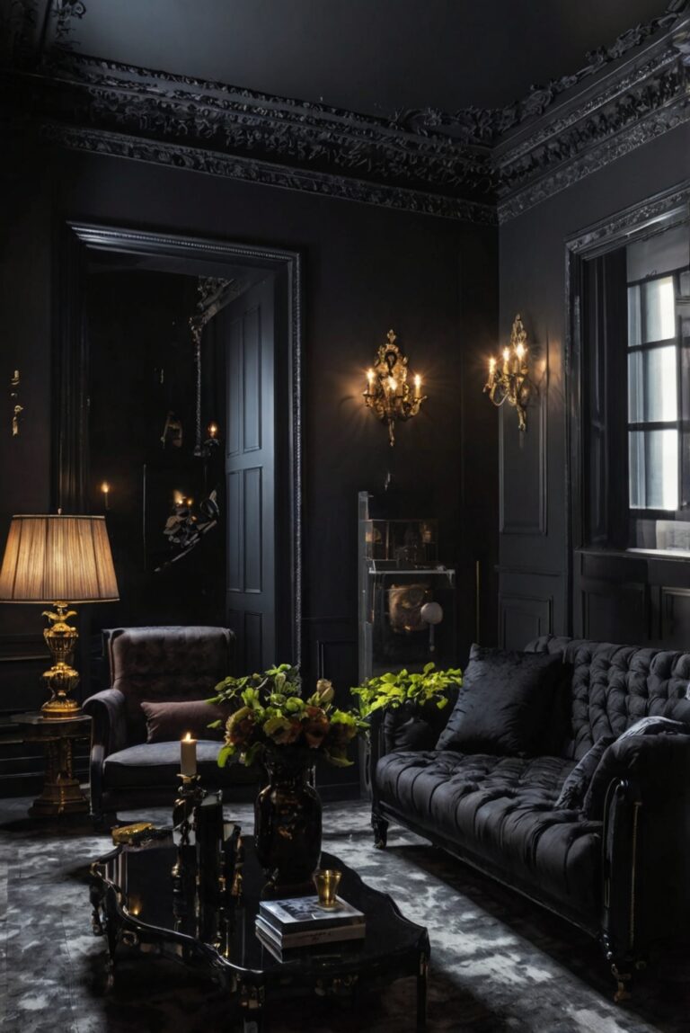 gothic home decor, dark living room ideas, moody interior design, goth furniture, macabre home accents