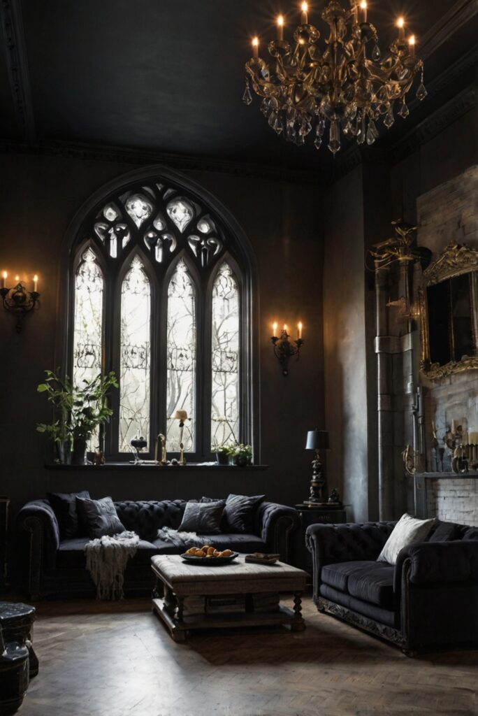 Gothic decor, Gothic furniture, Dark living room, Black accents, Gothic style