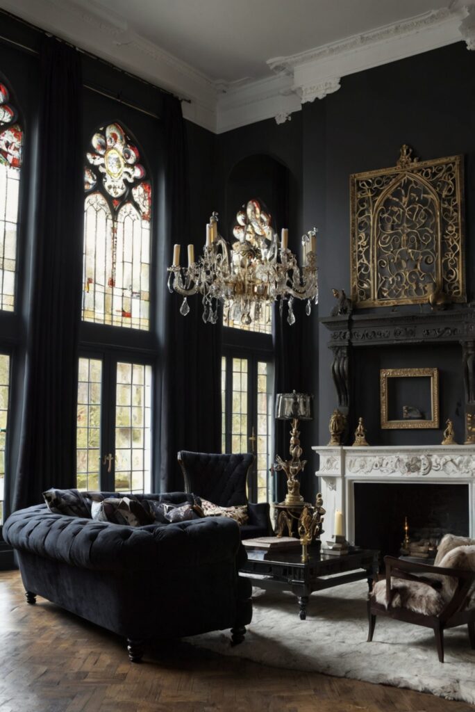 Gothic decor, Dark furniture, Haunted mansion, Victorian wallpaper, Eerie ambiance