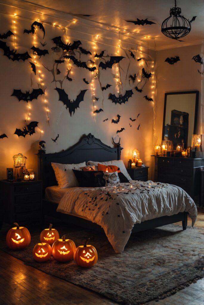 Halloween bedroom decor, spooky bedroom ideas, Halloween bedroom theme, haunted bedroom decorations, eerie bedroom design