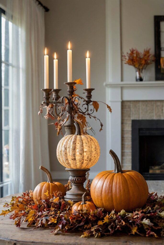 Fall home decor, Autumn home design, Cozy living room decor, Elegant fall accents, Chic seasonal decorations