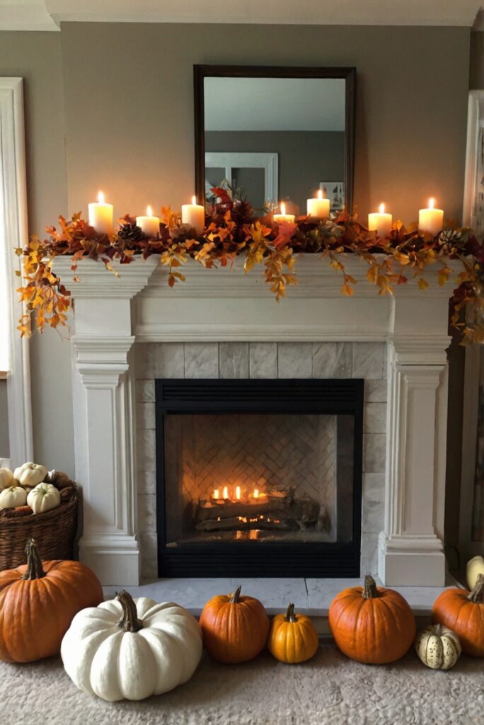 Fall mantle decor, Autumn home decor, Cozy home accents, Fireplace decoration, Seasonal mantel styling