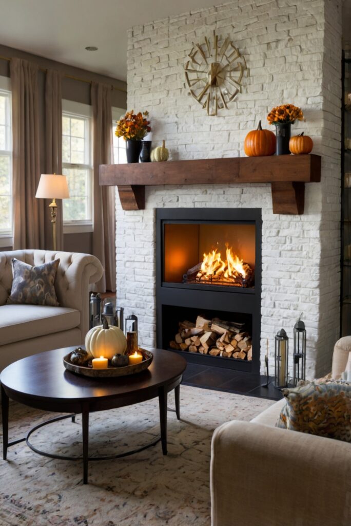 fireplace decor, fall decor, home decor, interior design, living room design