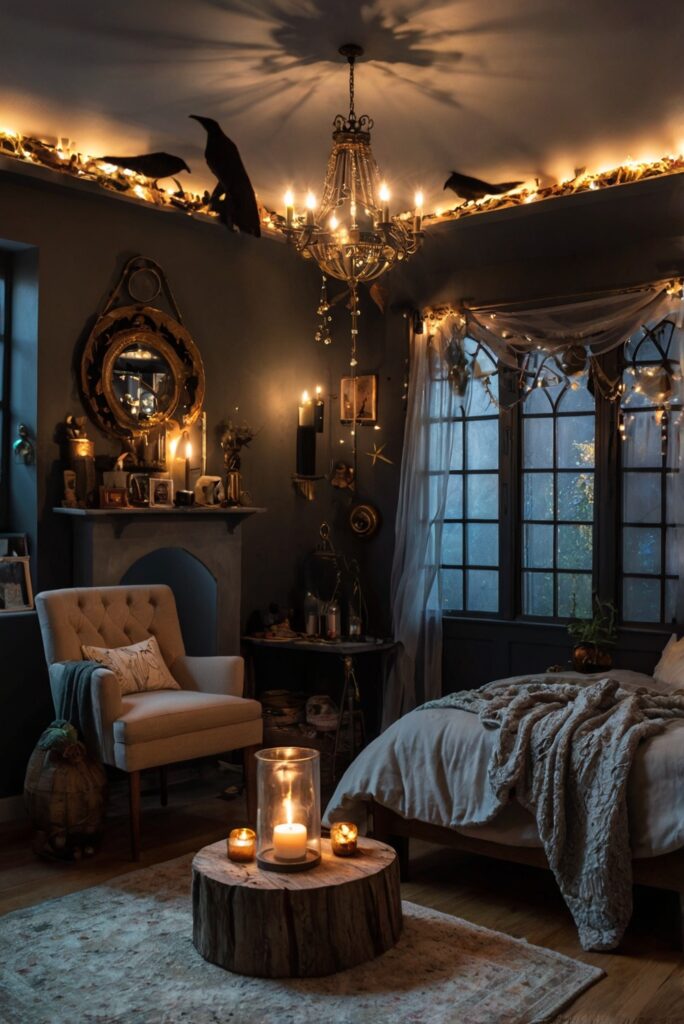 Witchy home decor Halloween room ideas Gothic home accessories Dark interior design Elegant witchy aesthetics