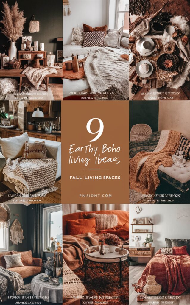 bohemian home decor, modern boho living room, natural autumn decorations, rustic chic interior design, cozy earthy ambiance