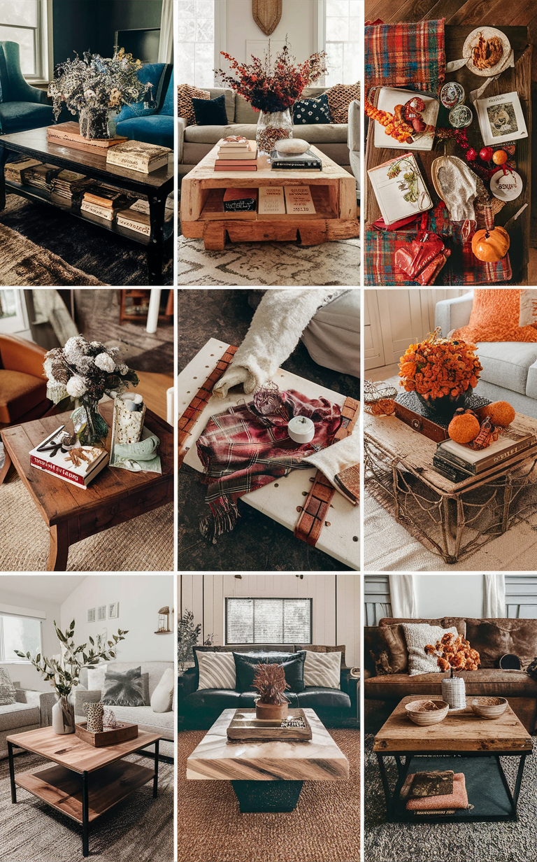 cozy living room decor, fall home decor, autumn coffee table display, seasonal living room ideas, elegant fall tablescapes