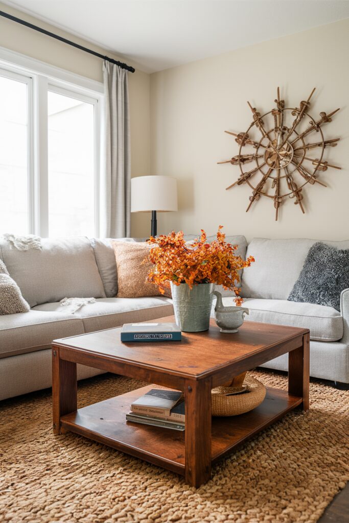 Fall home decor, Coffee table styling, Cozy living room, Autumn interior design, Elegant home accents