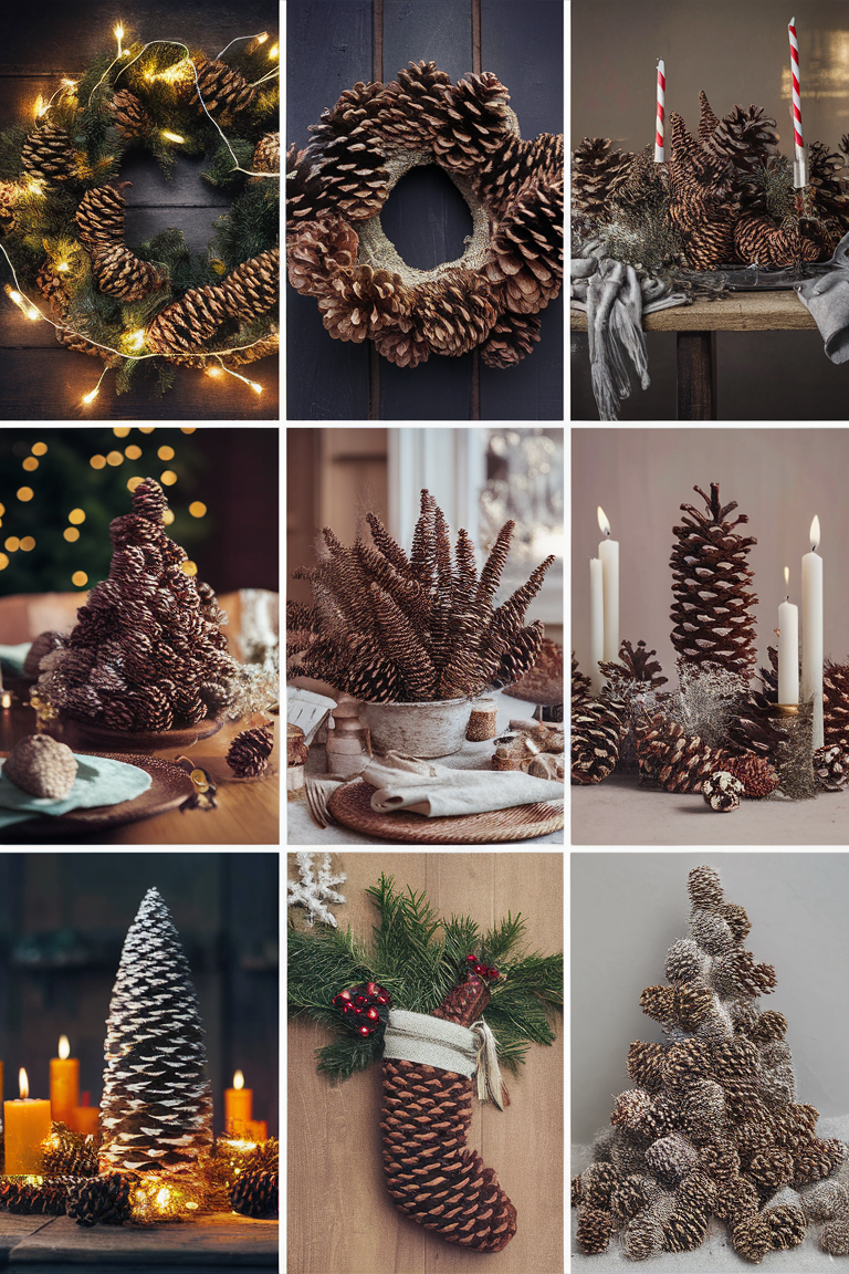 Pinecone Christmas crafts, DIY pinecone decorations, Pinecone art projects, Pinecone wreath ideas, Handmade pinecone ornaments